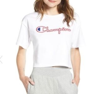Champion logo tee crop top white satin stitch XL